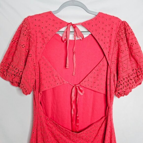 FREE PEOPLE Apricot Rose Mini Dress STRAWBERRY SPRITZ PINK size L Puff Sleeve - Picture 10 of 10